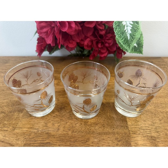 Vintage Libbey Gold Pinecone Frosted 5 oz Lowball Glasses Flared MCM Holiday Bar - Picture 4 of 6